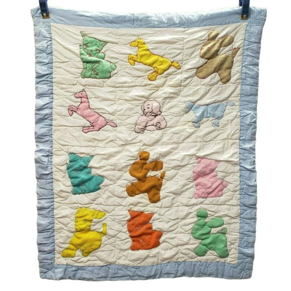 Handmade Baby Quilt, Animal Applique, Blue & White 33